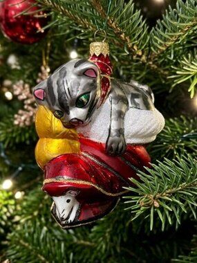 Vintage Kurt Adler Polonaise Cat In Boot Mouse Glass Christmas Ornament